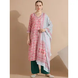 Jaipur Kurti Floral Printed V-Neck Straight Kurta with Trousers & Dupatta-picture-39