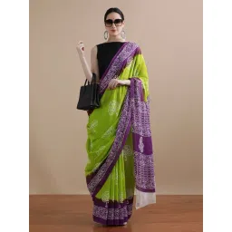 Jaipur Kurti Green Mulmul Cotton Regular Fit Print Saree-picture-35