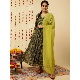 Jaipur Kurti Green Printed Flared Kurta With Dupatta-picture-14