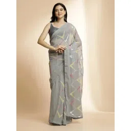 Jaipur Kurti Grey Embroidered Saree With Unstitched Blouse-picture-18
