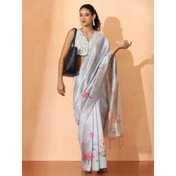 Jaipur Kurti Grey Floral Print Saree with Unstitched Blouse-picture-25