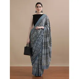 Jaipur Kurti Grey Mulmul Cotton Regular Fit Print Saree-picture-23