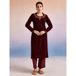Jaipur Kurti Maroon Embroidered Straight Woolen Kurta-picture-40