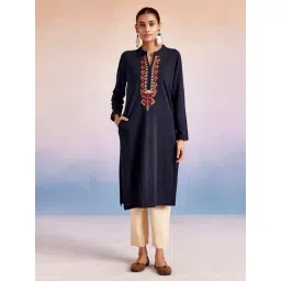 Jaipur Kurti Navy Embroidered Straight Woolen Kurta-picture-10