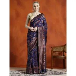 Jaipur Kurti Navy Woven Saree With Unstitched Blouse-picture-34