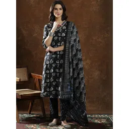 Jaipur Kurti Paisley Printed Thread Work Pure Cotton Kurta With Pyjamas & Dupatta-picture-42