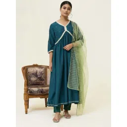 Jaipur Kurti Teal Blue Embroidered Flared Kurta With Dupatta-picture-25