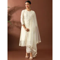 Jaipur Kurti Women Embroidered Regular Thread Work Chanderi Cotton Kurta with Trousers & With Dupatta-picture-30