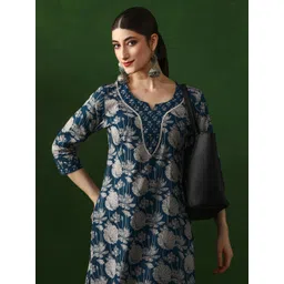 Jaipur Kurti Women Floral Embroidered Keyhole Neck Gotta Patti Cotton Kurta-picture-52