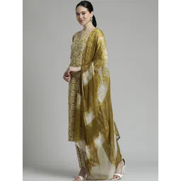 Jaipur Kurti Yellow Floral Embroidered Cotton Mirror Work Kurta With Trousers & Dupatta image 4