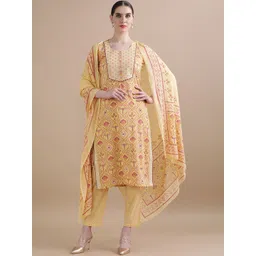Jaipur Kurti Yellow Floral Printed Mirror Work Pure Cotton Kurta with Trouser & Dupatta-picture-20