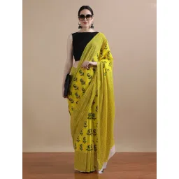 Jaipur Kurti Yellow Mulmul Cotton Regular Fit Print Saree-picture-33
