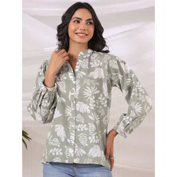 Jaipur Morni Floral Printed Mandarin Collar Puff Sleeves Cotton Shirt Style Crop Top-picture-40
