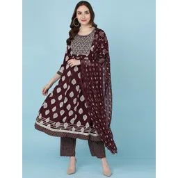 JAIPUR PRIME Women Maroon Ethnic Motifs Embroidered Kurta with Trousers & With Dupatta-picture-21