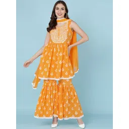 JAIPUR PRIME Women Yellow Ethnic Motifs Striped Panelled Pure Cotton Kurta with Sharara & With Dupatta-picture-15