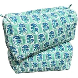 Jaipur Textiles, Hand Block Printed Cotton wash Bags, Toiletry Bags, Cosmetic Pouches, Makeup Kit, Travel Pouches, Vanity Bags, Makeup Pouches| Qty - Set of 2PCS, (Blue Green Flower Tree)-picture-27