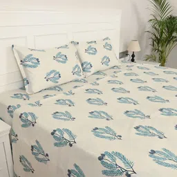 Jaipur Weaves Teal & Beige Floral King Bedsheet with 2 Pillow Covers-picture-41