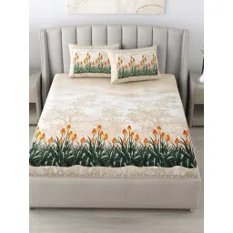 JaipurFabric Beige & Orange Cotton 180 TC Little Greene Printed Bedsheet with 2 Pillow Covers-picture-47