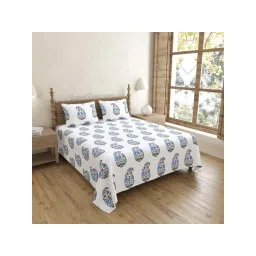 JaipurFabric Blue Pure Cotton 240 TC Printed King Size Bedsheet with 2 Pillow Covers image 2