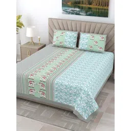 JaipurFabric Blueish Green Cotton 240 TC Floral King Size Bedsheet with 2 Pillow Covers-picture-18