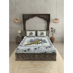 JaipurFabric Indigo 180 TC 100% Cotton Peacock Double Bedsheet with 2 Pillow Covers-picture-35