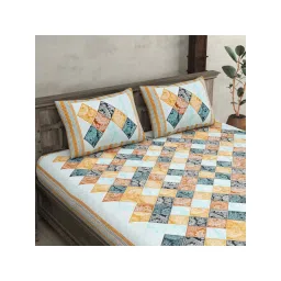 JaipurFabric Sky Blue Pure Cotton 280 TC Ethnic Tiles Double Bedsheet with 2 Pillow Covers image 4