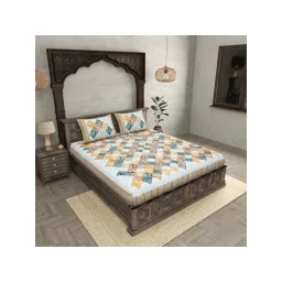 JaipurFabric Sky Blue Pure Cotton 280 TC Ethnic Tiles Double Bedsheet with 2 Pillow Covers image 3