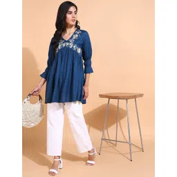 JAIPURFAME V-Neck Floral Embroidered Gathered or Pleated A-Line Top-picture-36