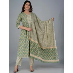 JAIPURI COLLECTION Women Floral Printed Cotton Kurta with Trousers & Dupatta-picture-22