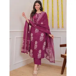 JAIPURI COLLECTION Women Floral Printed Regular Pure Cotton Kurta with Trousers & With Dupatta-picture-33