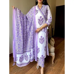 Jaipuri Fashionista Women Floral Printed Angrakha Aari Work Pure Cotton Kurta with Trousers & With Dupatta-picture-37