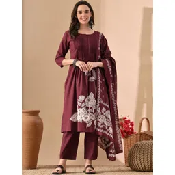 Jaipuri Fashionista Women Floral Printed Pleated Pure Cotton Kurta with Trousers & Dupatta-picture-23