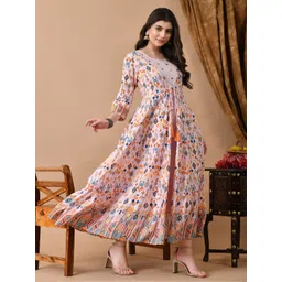Jaipurite Women Floral Printed Embroidered Maxi Dress image 3