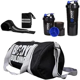jais boy - we made for young generation Body bulding Gym Bag Combo Sports Bag Men's Combo of Leather Gym Bag, Black Wrist Support Band and Spider Shaker Bottle (Blue)-picture-18