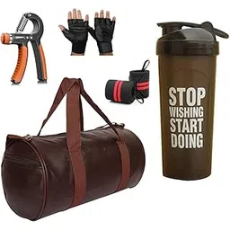 jais boy - we made for young generation JAISBOY Combo Set Gym Bag with Gym Gloves with Wrist Support Band and Stop Bottle and Hand Gripper (Brown)-picture-26