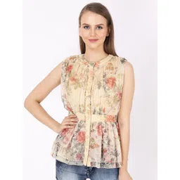 JAKANARY Floral Print Mandarin Collar Net Top-picture-17