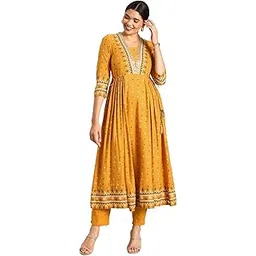 jalmala Yellow Rayon Calf-length Gown and Pant Set: Ethnic Motif Print, Zari Bordered V-Square Neckline & Tassels/Latkans waist Belt for Women and teenage girls-picture-38