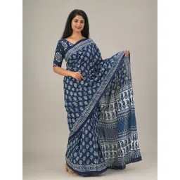 JALTHER Ethnic Motifs Printed Mulmul Cotton Block Print Saree-picture-23