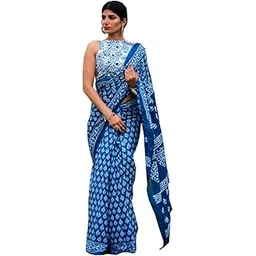 jalther Handicrafts Women's Ikat Hand Block Print Jaipuri Cotton Mulmul Saree with Blouse Piece-picture-12