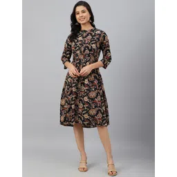 Janasya Black & Beige Floral Print Fit & Flare Dress-picture-40
