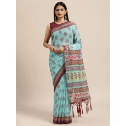 Janasya Blue Floral Print Saree With Unstitched Blouse-picture-14