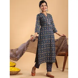 Janasya Ethnic Motifs Printed Regular Pure Cotton Kurta with Trousers & With Dupatta-picture-38