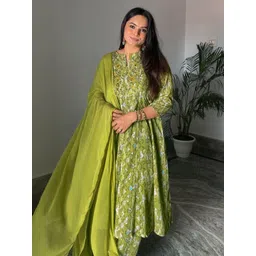 Janasya Floral Embroidered Gotta Patti Georgette A-Line Kurta With Palazzo & Dupatta-picture-35