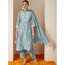 Janasya Floral Embroidered Notch Neck Thread Work Straight Kurta With Trousers & Dupatta-picture-16