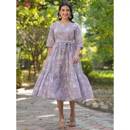 Janasya Floral Print Fit & Flare Midi Dress-picture-19