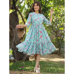 Janasya Floral Print Keyhole Neck Georgette Fit & Flare Midi Dress-picture-36