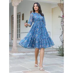 Janasya Floral Print Keyhole Neck Georgette Fit & Flare Midi Dress-picture-32