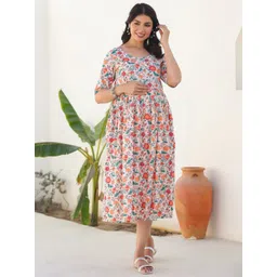 Janasya Floral Print Maternity Fit & Flare Midi Dress-picture-20