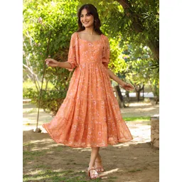 Janasya Floral Print Puff Sleeve Georgette Fit & Flare Midi Dress-picture-30