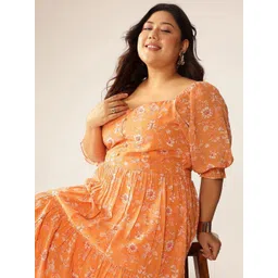 Janasya Floral Print Puff Sleeve Georgette Fit & Flare Midi Dress-picture-33